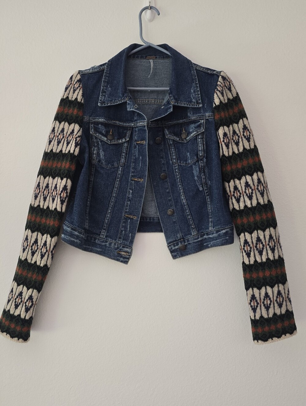 Free People Cropped Denim Jacket with Wool Patterned Knit Sleeves - Navy Blue